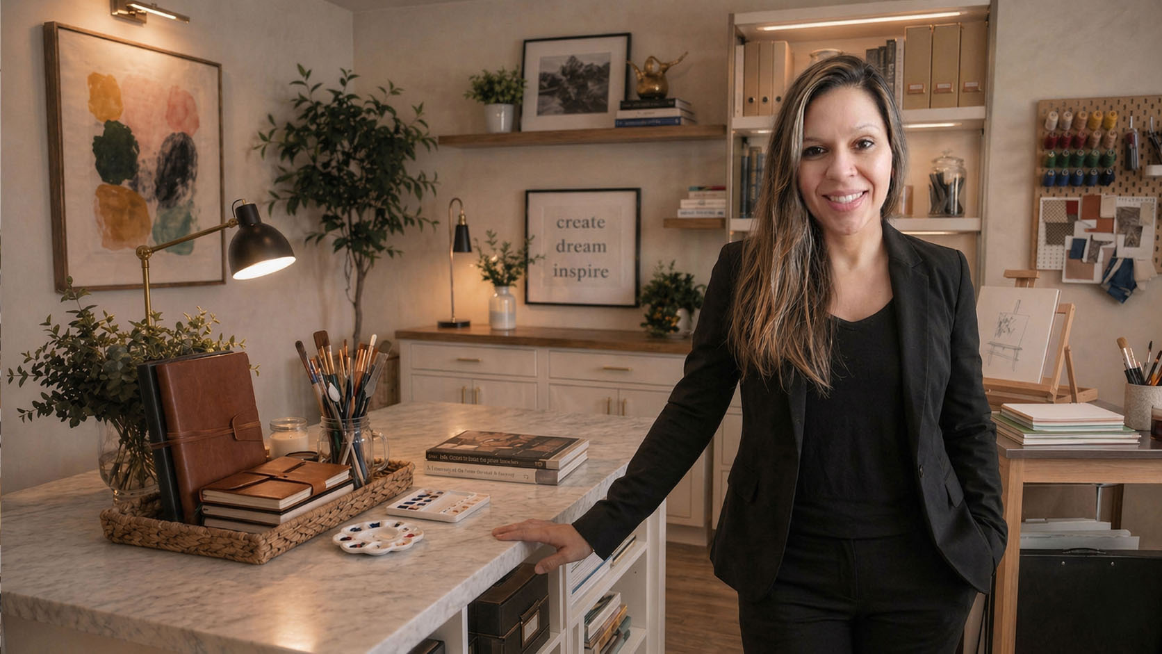 Joanna Petersen in her studio holding coloured pencils and a label maker